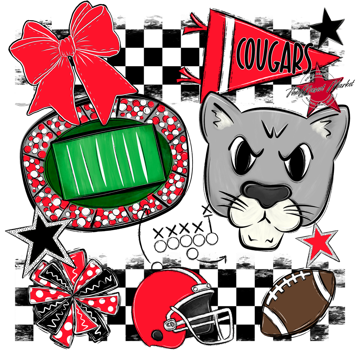 Cougars Checkers Mascot Spirit Design-Bright Red