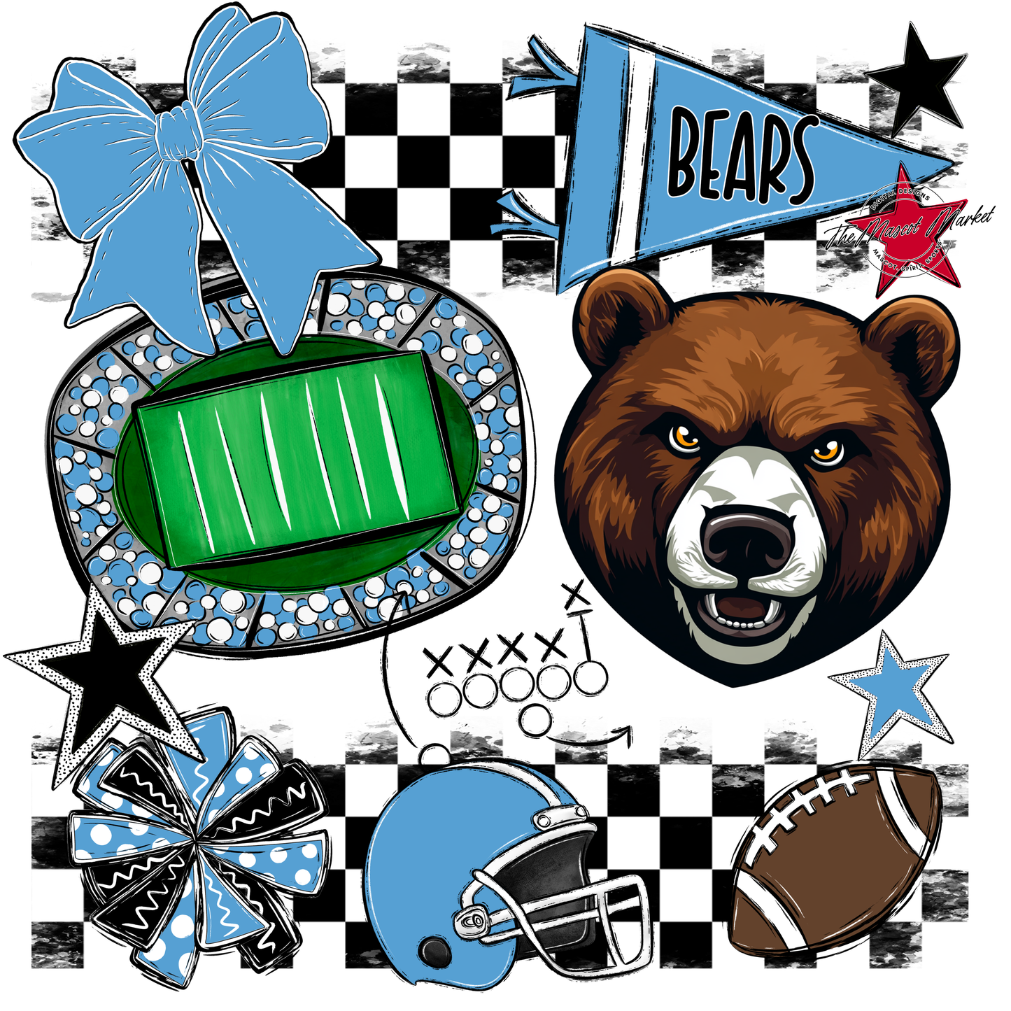 Bears Checker Mascot Spirit Design-Carolina Blue