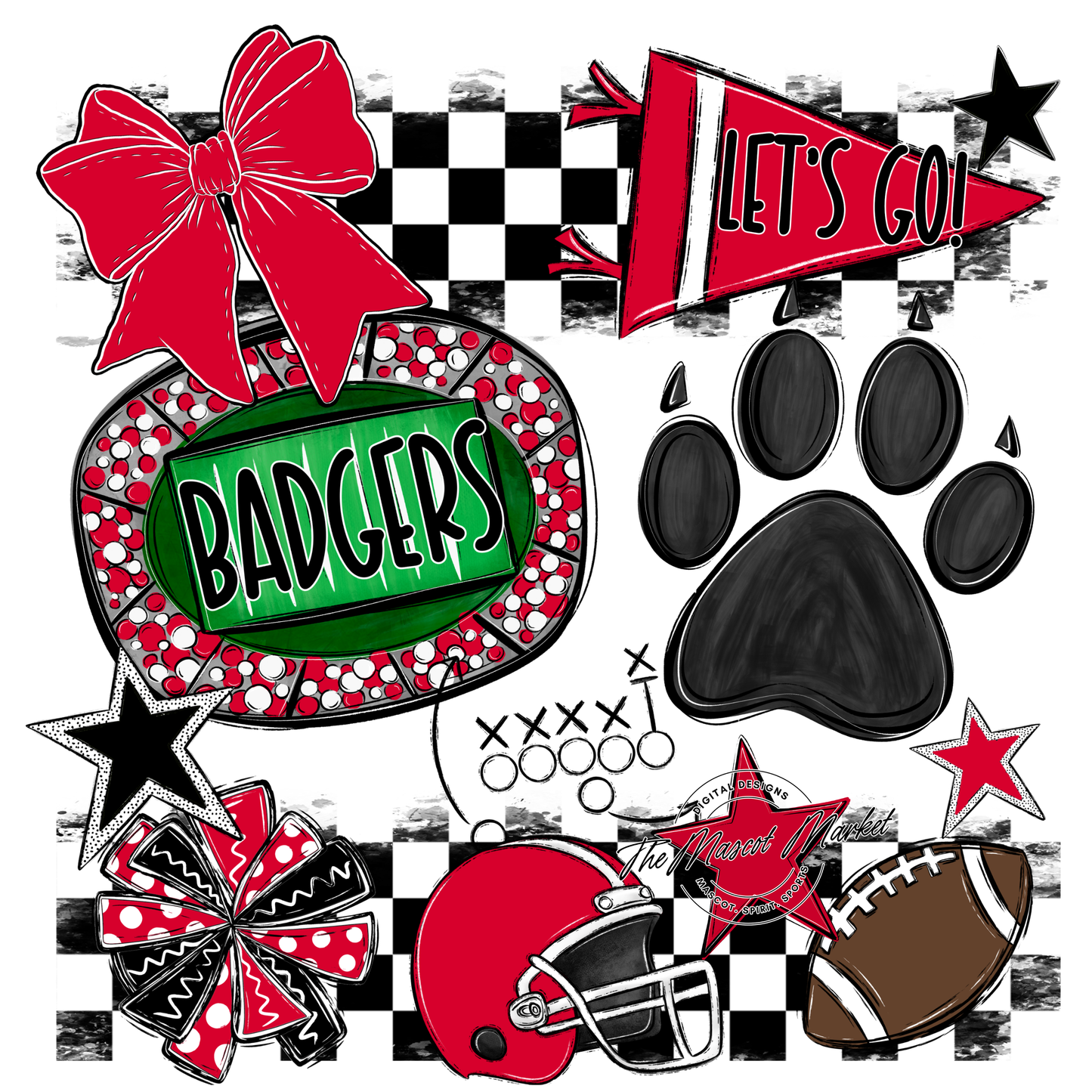 BadgersCheckers Mascot Spirit Design w Paw-Red
