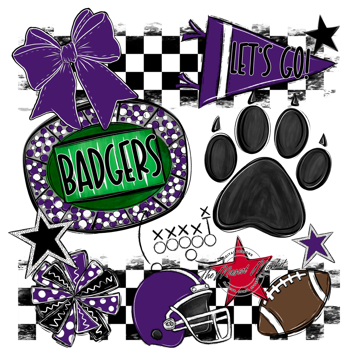 Badgers Checkers Mascot Spirit Design w Paw-Purple