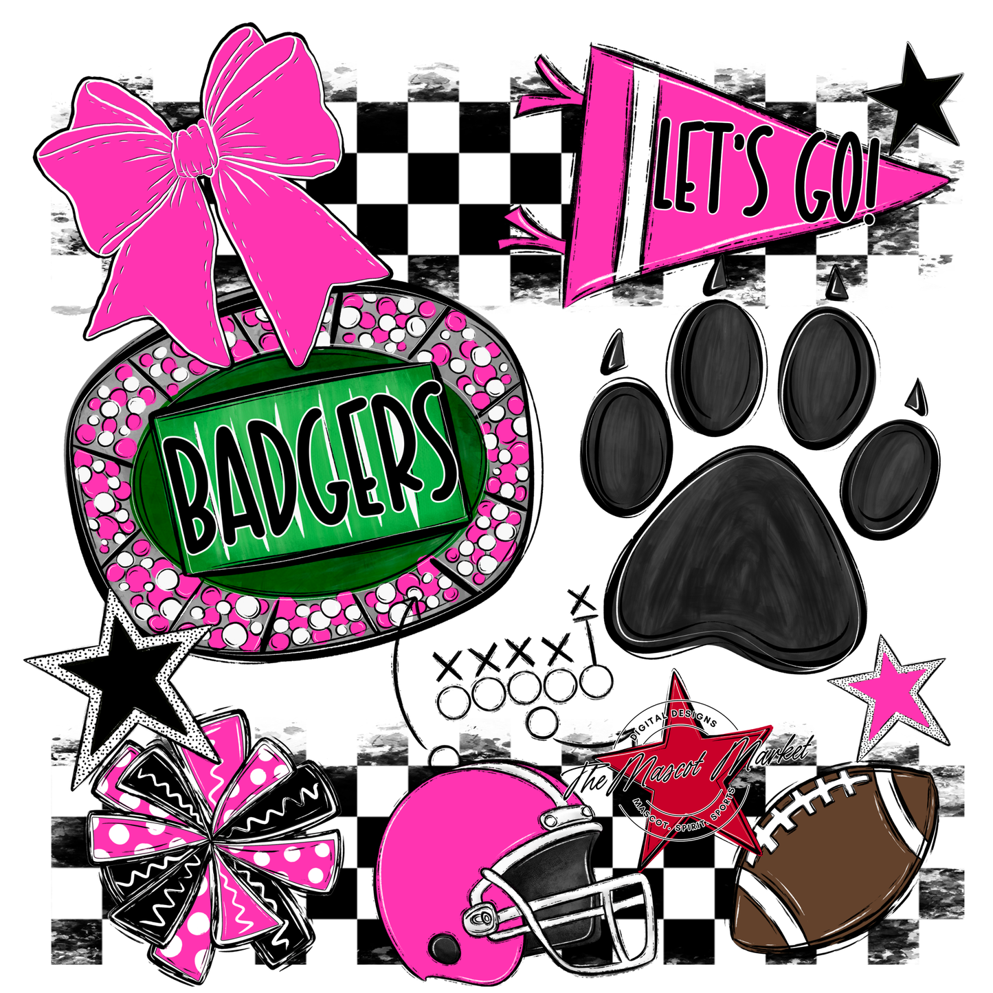 Badgers Checkers Mascot Spirit Design w Paw-Pink