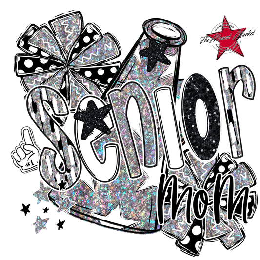 Senior Cheer Mom Megaphone Scrape Holigraphic-Black & White