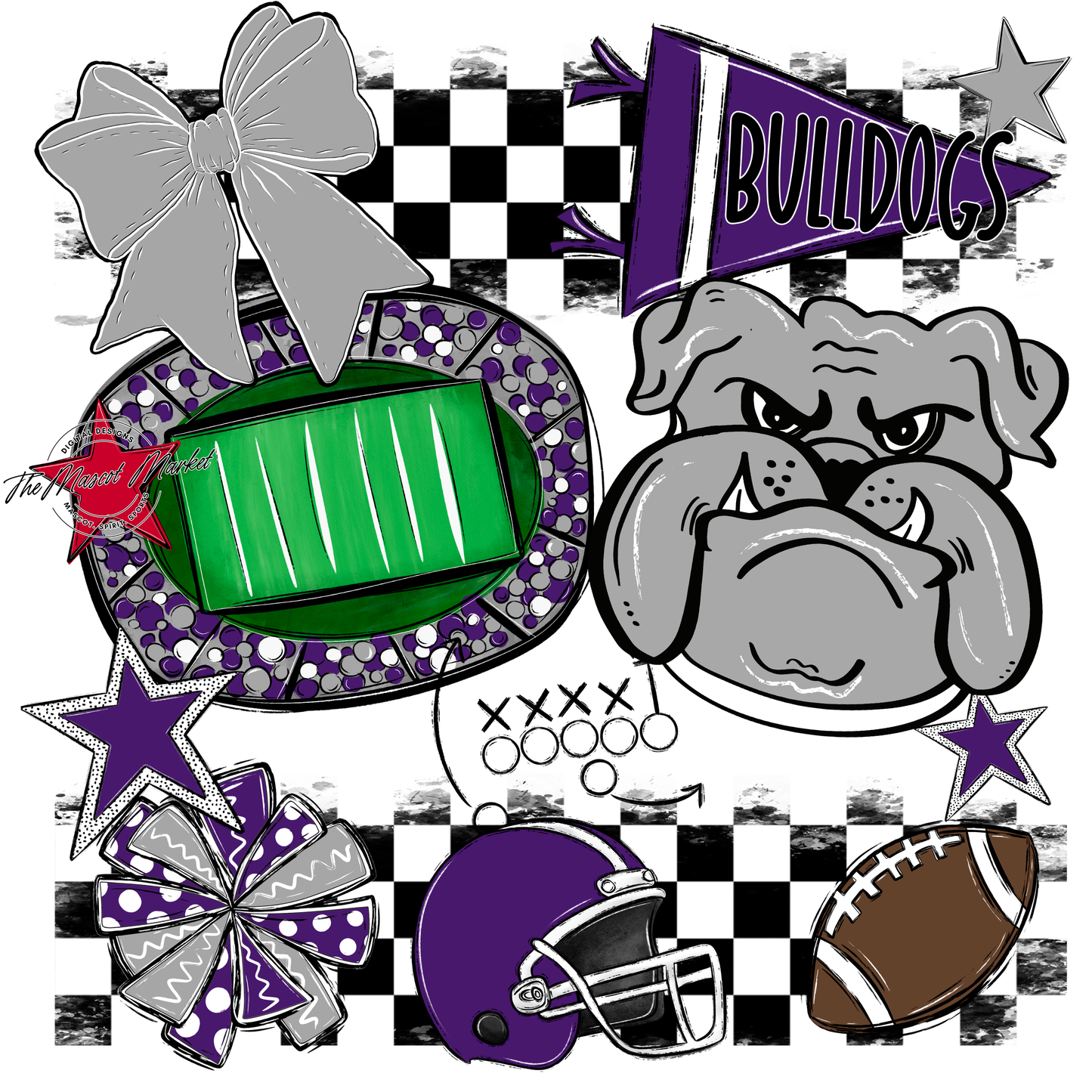 Bulldogs Checkers Mascot Spirit Design-Purple-Grey