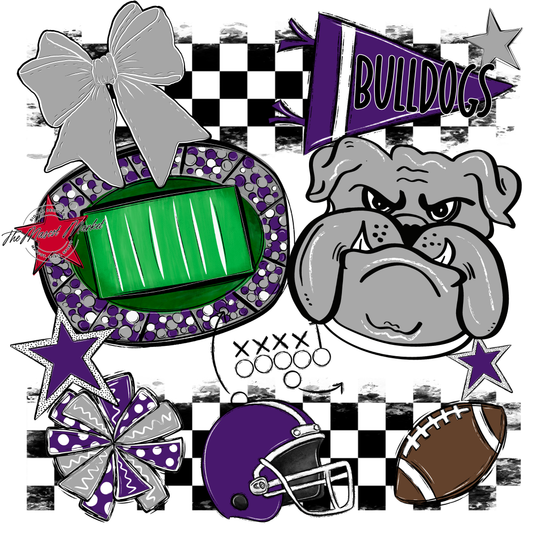 Bulldogs Checkers Mascot Spirit Design-Purple-Grey