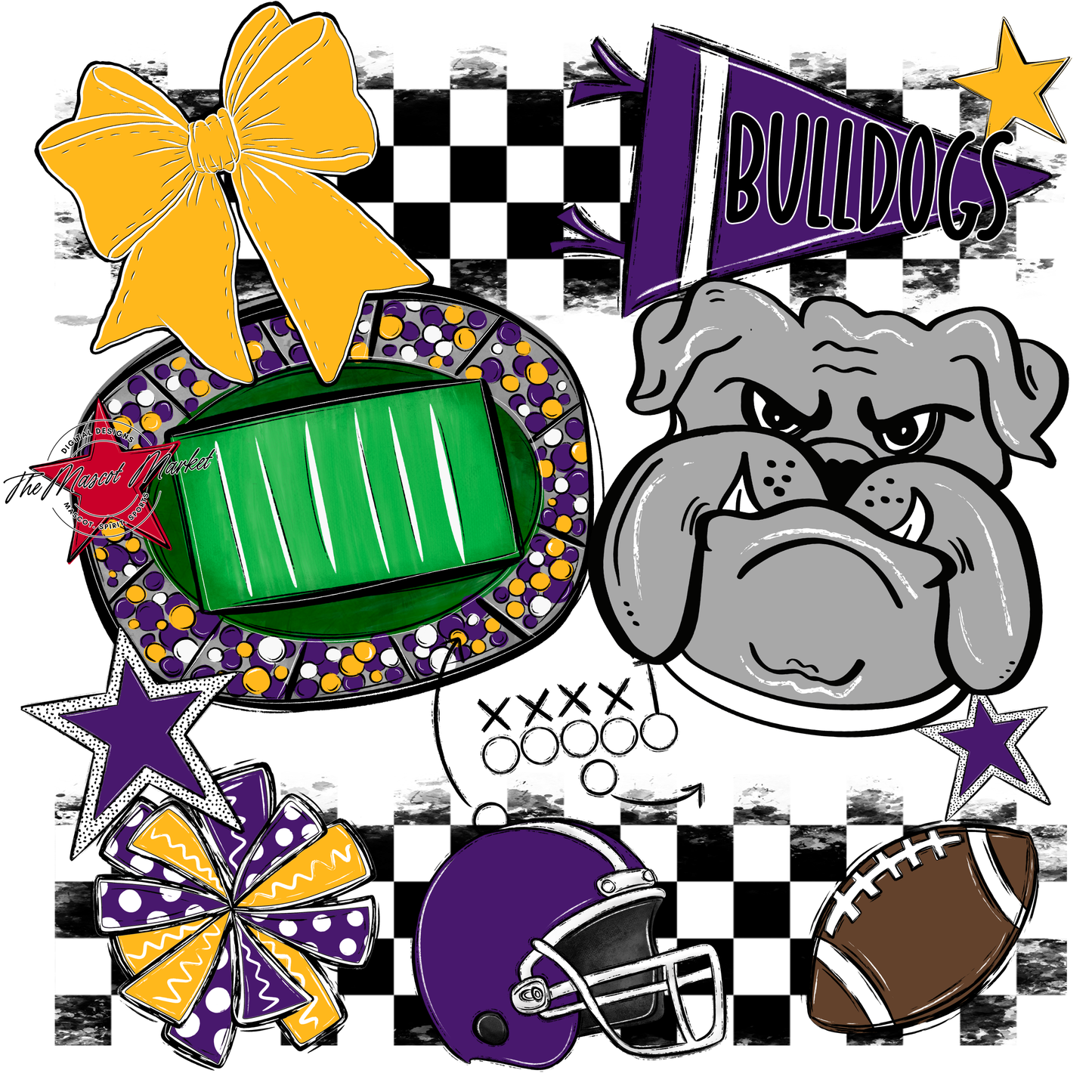 Bulldogs Checkers Mascot Spirit Design-Purple-Yellow