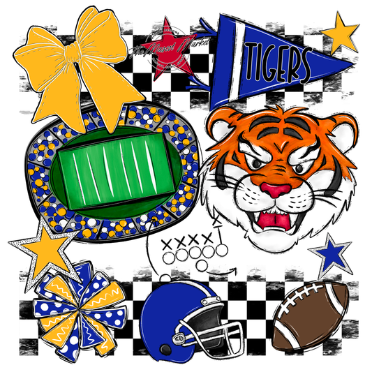 Tigers Checkers Mascot Spirit Design-Royal Blue-Yellow