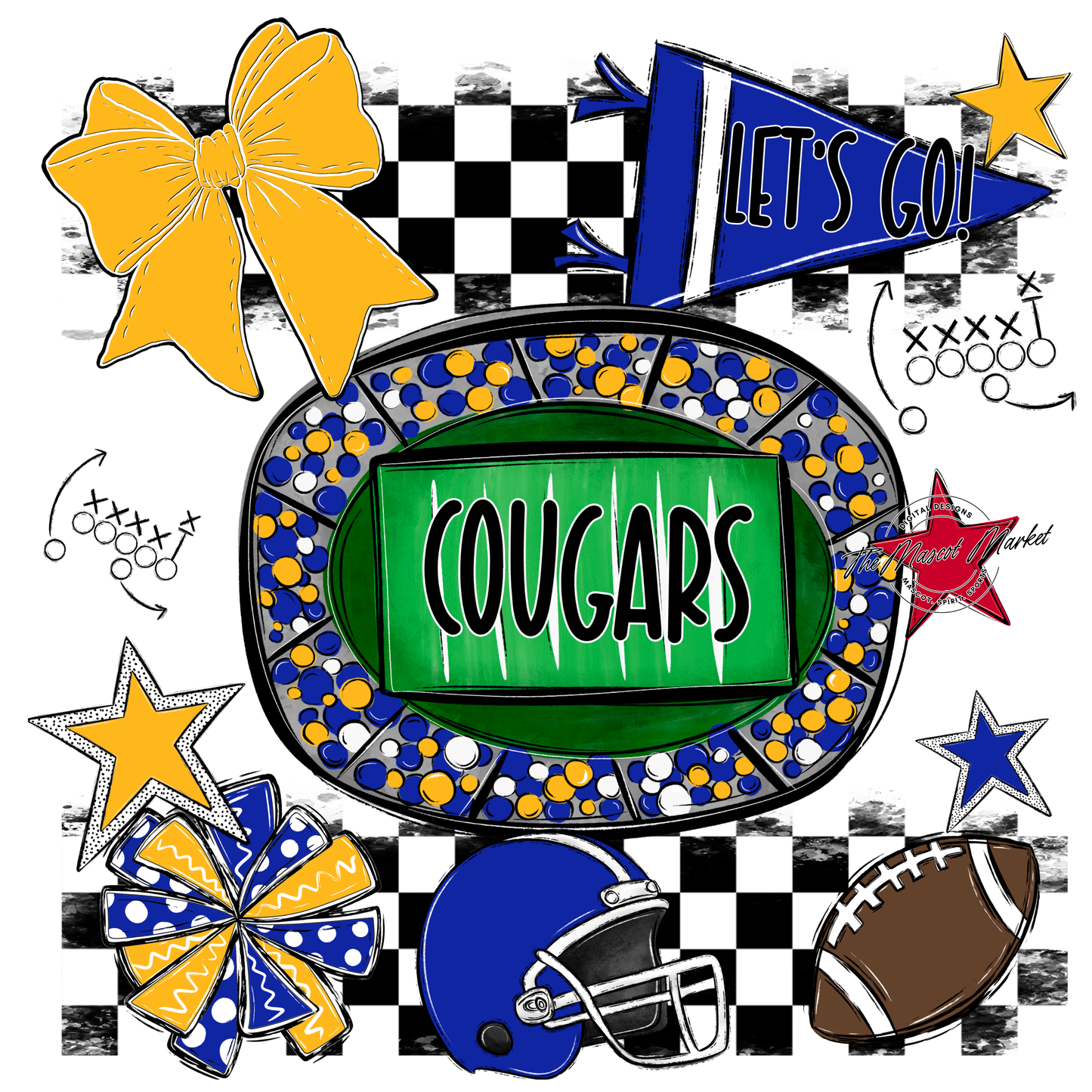 Cougars Checkers Spirit Design-Royal Blue-Yellow