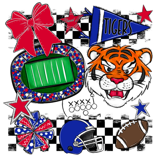 Tigers Checkers Mascot Spirit Design-Royal Blue-Red