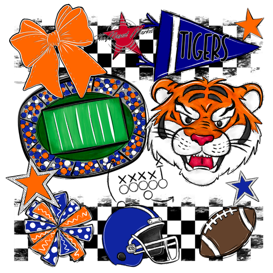Tigers Checkers Mascot Spirit Design-Royal Blue-Orange