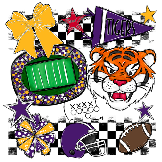 Tigers Checkers Mascot Spirit Design-Purple-Yellow