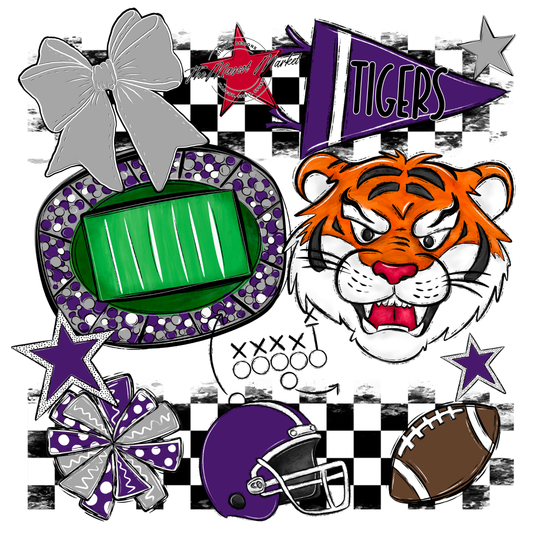 Tigers Checkers Mascot Spirit Design-Purple-Grey