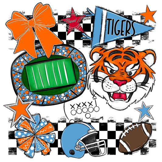 Tigers Checkers Mascot Spirit Design-Carolina Blue-Orange