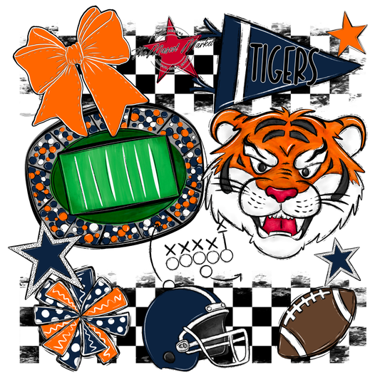 Tigers Checkers Mascot Spirit Design-Navy-Orange
