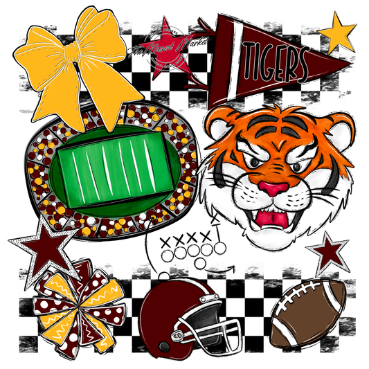 Tigers Checkers Mascot Spirit Design-Maroon-Yellow
