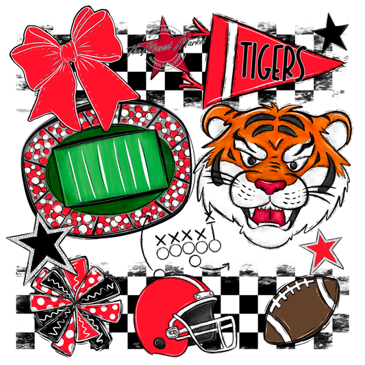 Tigers Checkers Mascot Spirit Design-Bright Red
