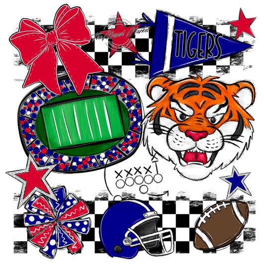 Tigers Checkers Mascot Spirit Design-Blue-Red