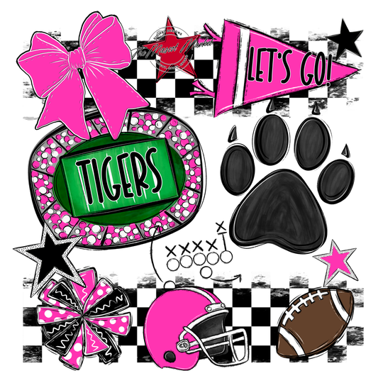 Tigers Checkers Mascot Spirit Design w Paw-Pink