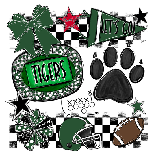 Tigers Checkers Mascot Spirit Design w Paw-Green