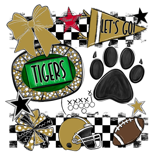 Tigers Checkers Mascot Spirit Design w Paw-Gold