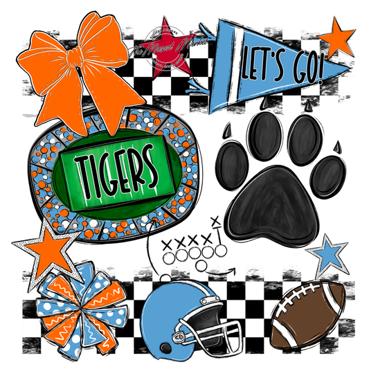 Tigers Checkers Mascot Spirit Design w Paw-Carolina Blue-Orange