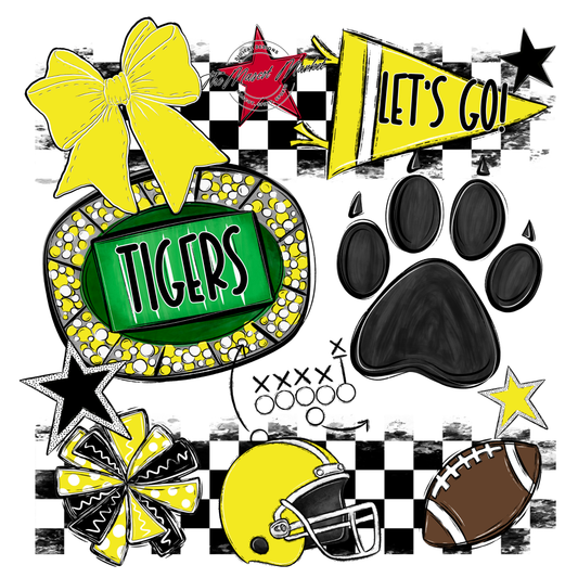 Tigers Checkers Mascot Spirit Design w Paw-Bright Yellow