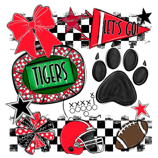 Tigers Checkers Mascot Spirit Design w Paw-Bright Red