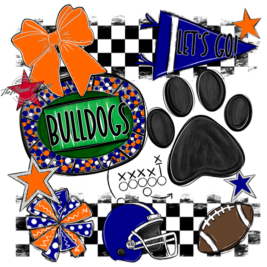Bulldogs Checkers Mascot Spirit Design w Paw-Blue-Orange