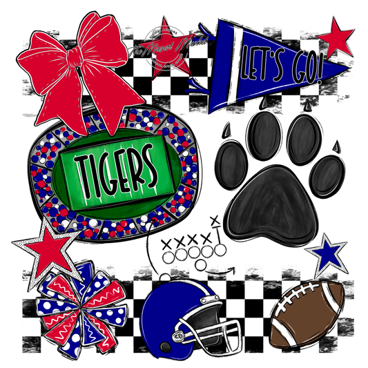 Tigers Checkers Mascot Spirit Design w Paw-Blue-Red