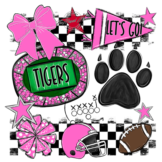 Tigers Checkers Mascot Spirit Design w Paw-Baby Pink