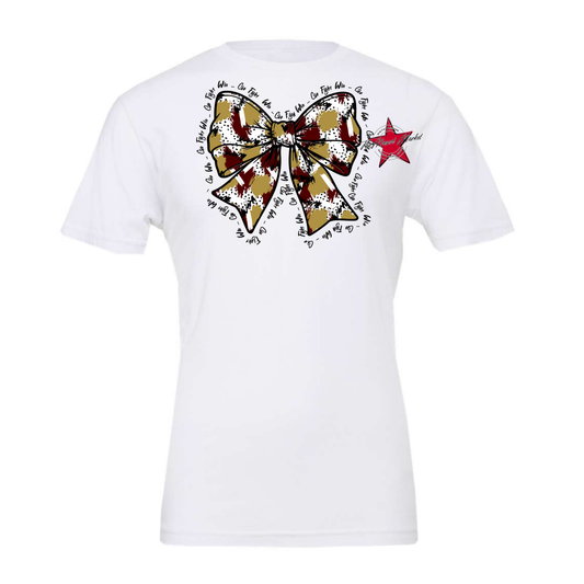 Go, Fight, Win, Splatter Bow Design-Maroon-Gold