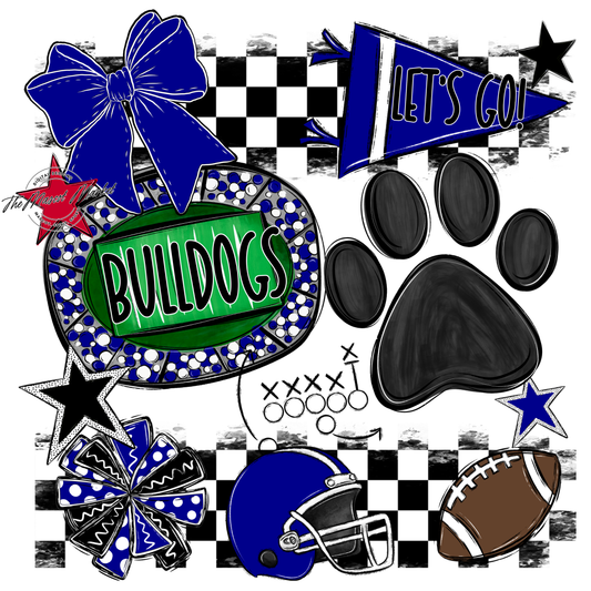 Bulldogs Checkers Mascot Spirit Design w Paw-Blue
