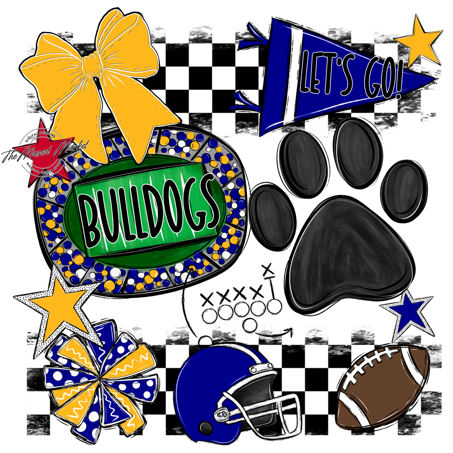 Bulldogs Checkers Mascot Spirit Design w Paw-Blue-Yellow