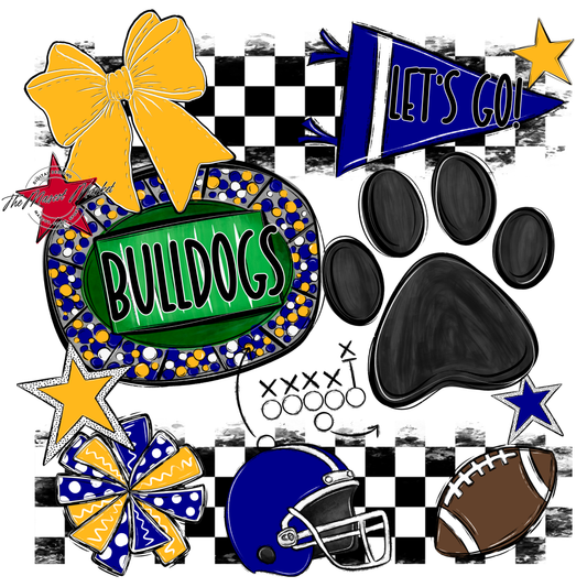 Bulldogs Checkers Mascot Spirit Design w Paw-Blue-Yellow