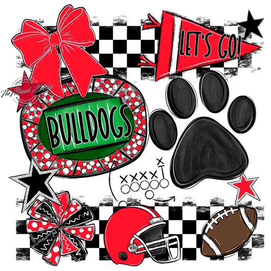 Bulldogs Checkers Mascot Spirit Design w Paw-Bright Red