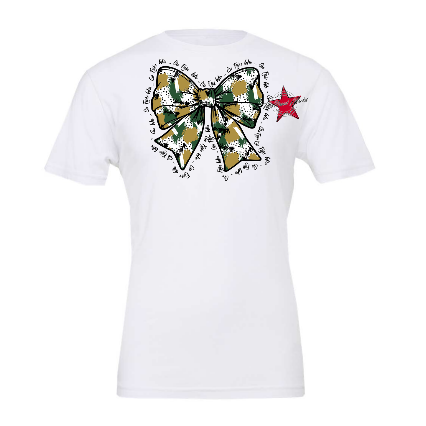 Go, Fight, Win, Splatter Bow Design-Green-Gold