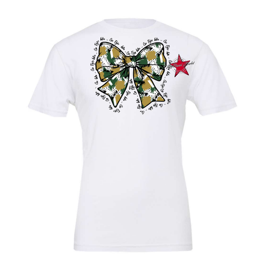 Go, Fight, Win, Splatter Bow Design-Green-Gold