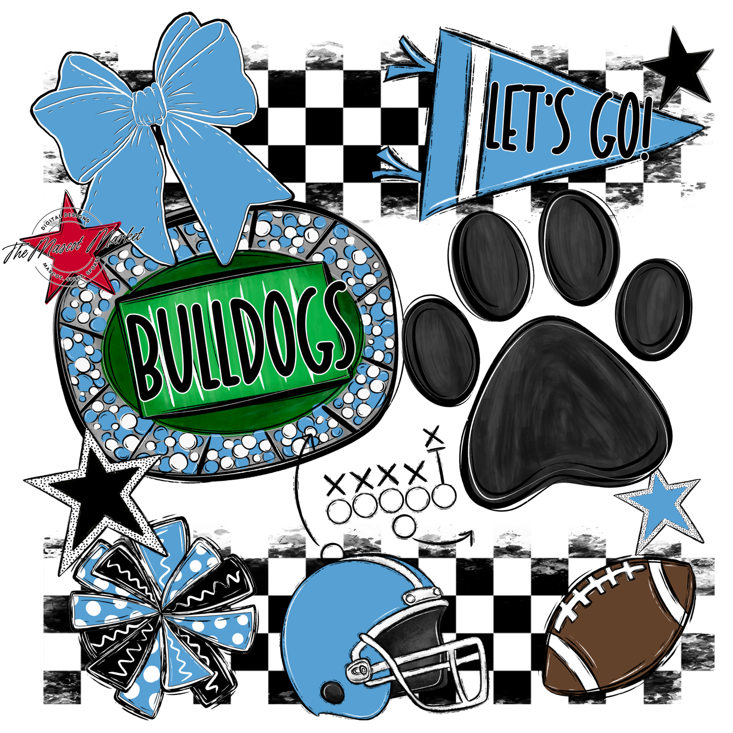 Bulldogs Checkers Mascot Spirit Design w Paw-Carolina Blue