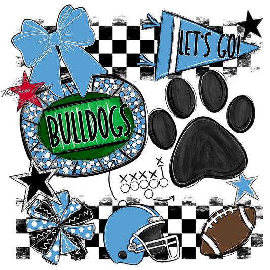 Bulldogs Checkers Mascot Spirit Design w Paw-Carolina Blue