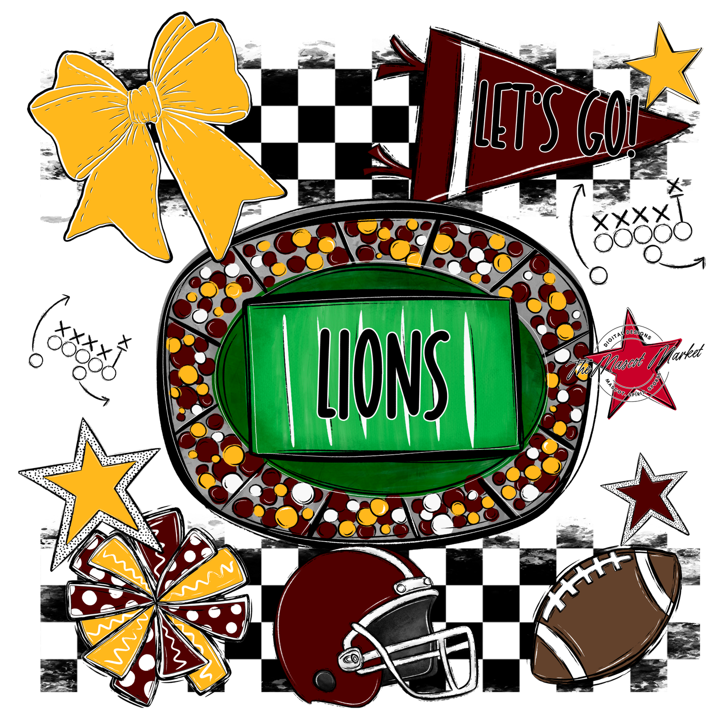 Lions Checkers Spirit Design-Maroon-Yellow