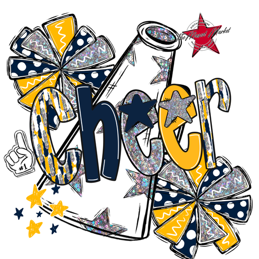 Cheer White Megaphone Scrape-Navy-Yellow