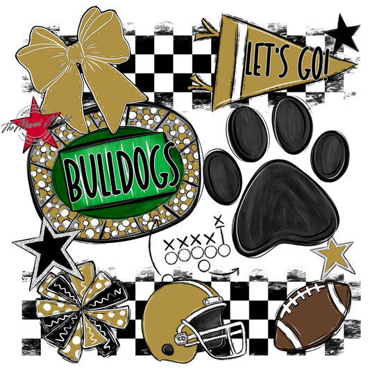 Bulldogs Checkers Mascot Spirit Design w Paw-Gold