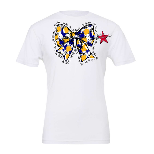 Go, Fight, Win, Splatter Bow Design-Blue-Yellow