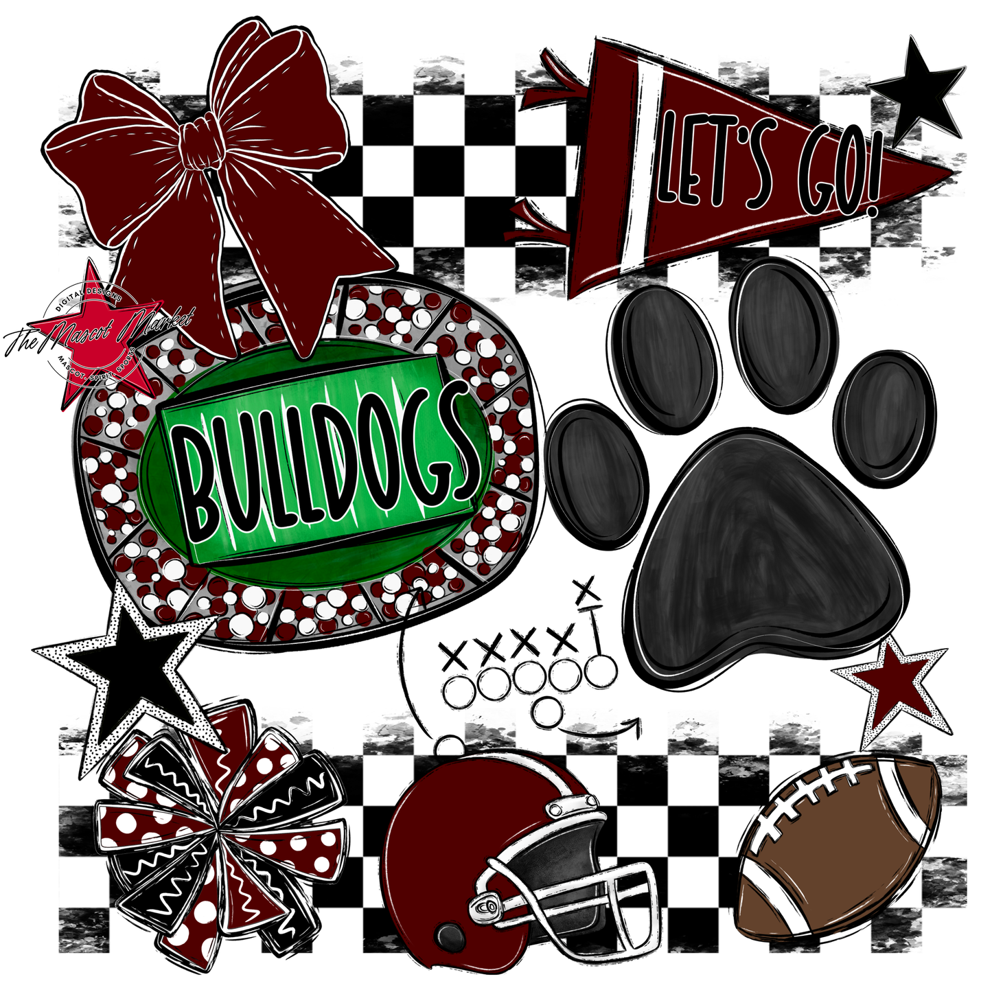 Bulldogs Checkers Mascot Spirit Design w Paw-Maroon
