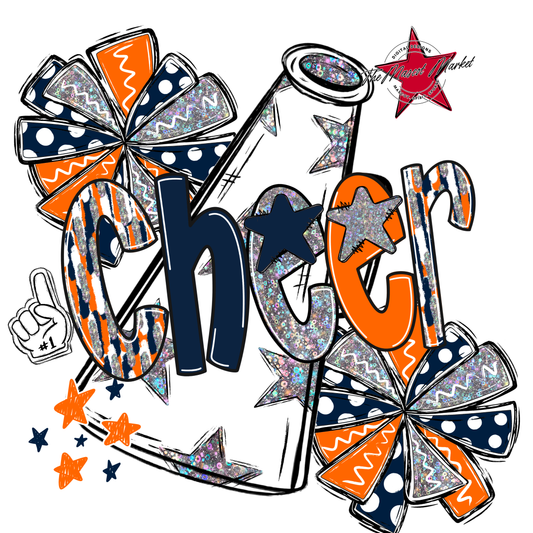 Cheer White Megaphone Scrape-Navy-Orange