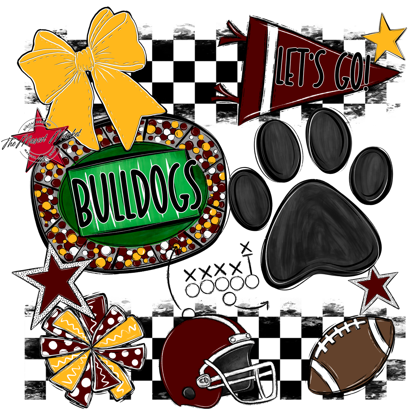 Bulldogs Checkers Mascot Spirit Design w Paw-Maroon-Yellow