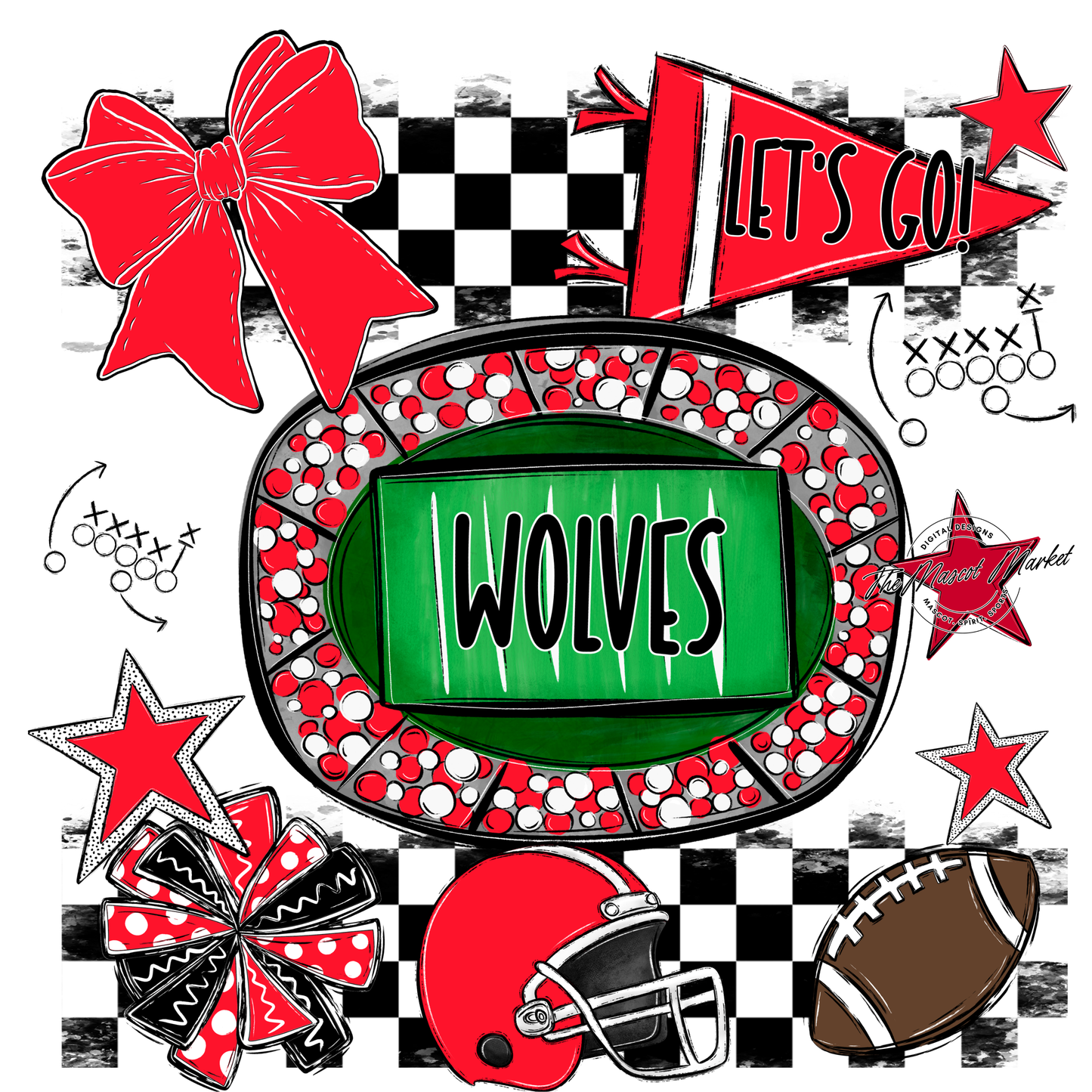 Wolves Checkers Spirit Design-Bright Red