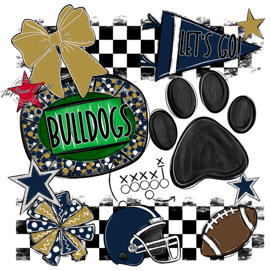 Bulldogs Checkers Mascot Spirit Design w Paw-Navy-Gold