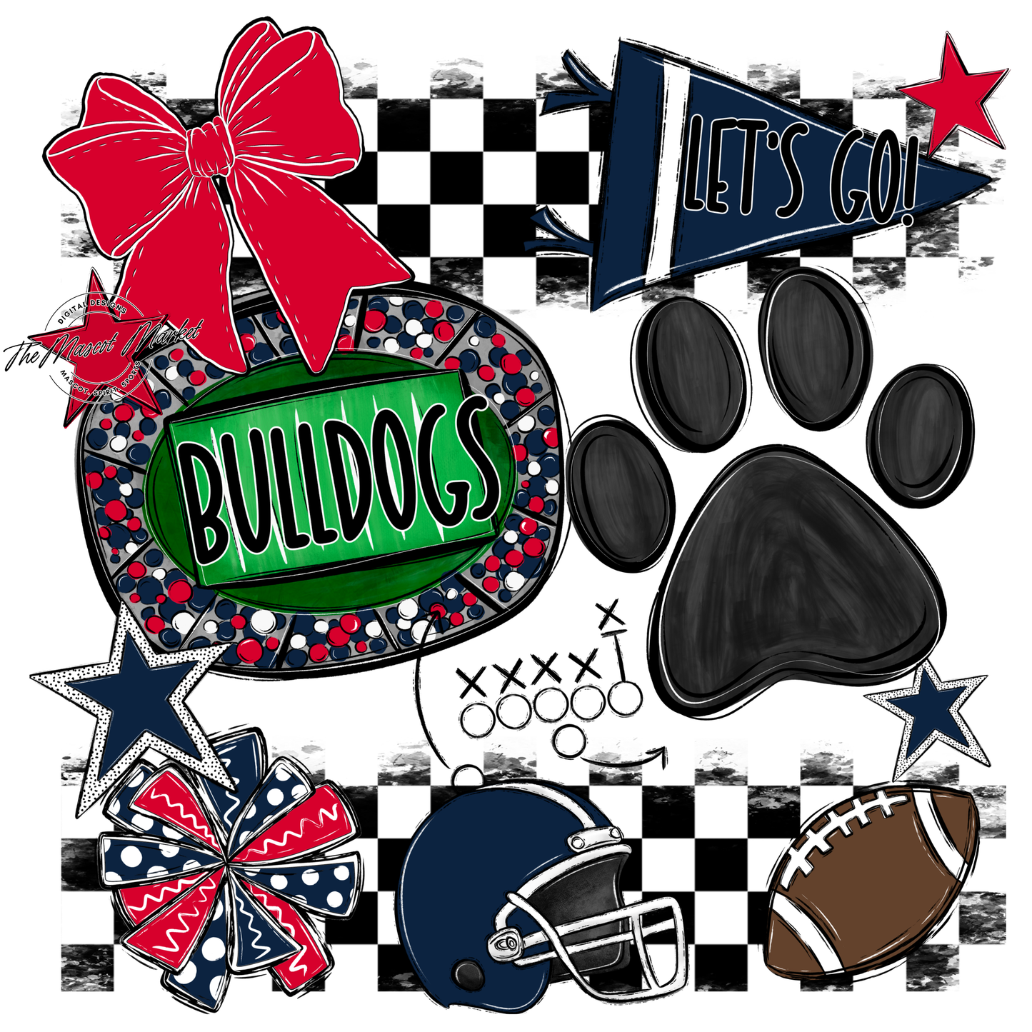 Bulldogs Checkers Mascot Spirit Design w Paw-Navy-Red
