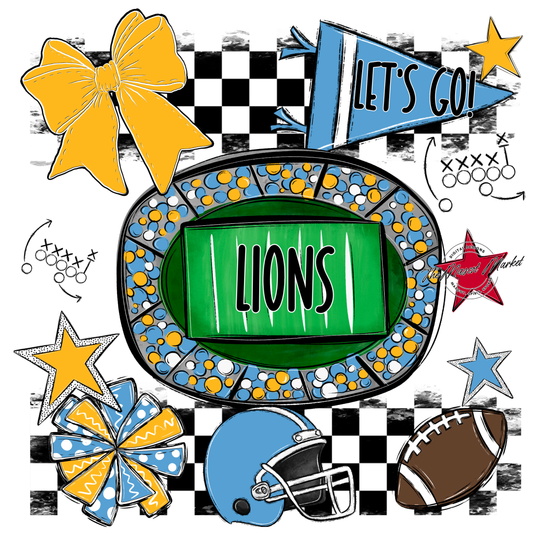 Lions Checkers Spirit Design-Carolina Blue-Yellow
