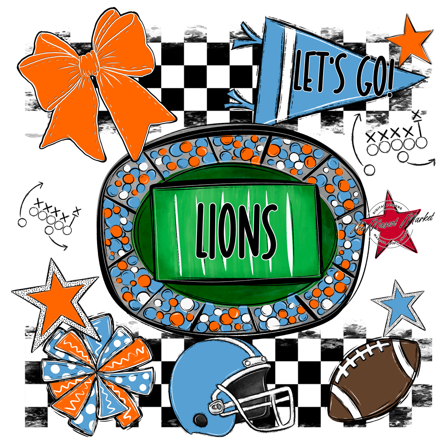 Lions Checkers Spirit Design-Carolina Blue-Orange